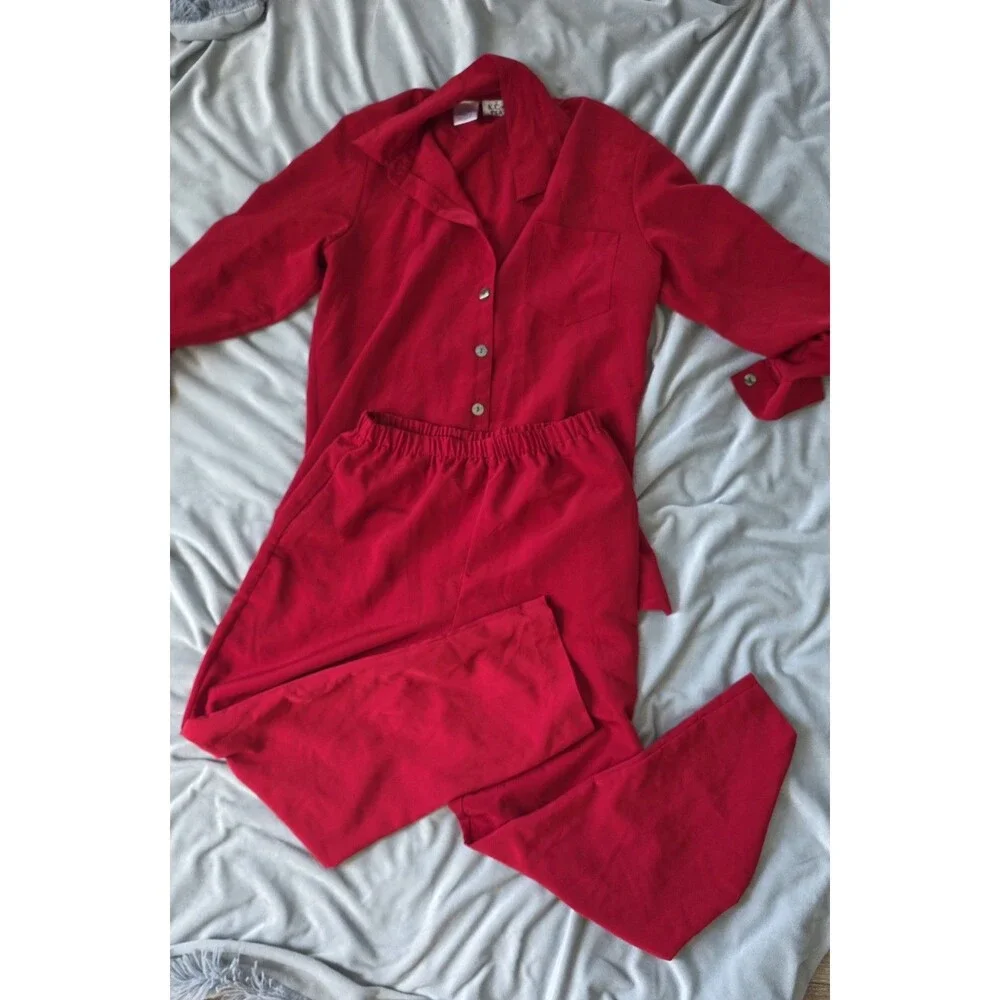 K.C. Studio Pearl Women’s 6P Red 2 Piece Pants Shirt Set Vintage Style